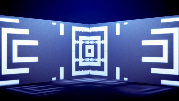 An optical art 3d illustration of neon tunnel movement of white crisscross and curvy lines with smoky trails in the right and left ends in the blue background. They look arty and cheerfully.