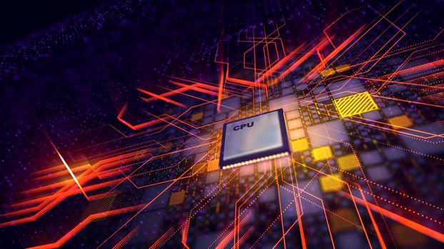 A cyberspace 3d illustration of a square CPU microprocessor with a line of white spots being put askew in the black motherboard with yellow plates, violet spots and purple energy lines. 