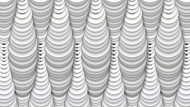 A flashy 3d illustration of abstract white drop shadow decor with holographic tube looking round wide and narrow figures resembling a falling curtain in a luxurious theater.  
