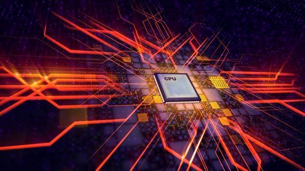 An innovative 3d illustration of a square CPU microprocessor put diagonally in the violet backdrop. It is linked with yellow squares and a plexus of red lines. The glittering rays move around. 