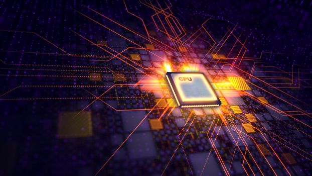 A techno 3d rendering of a CPU microprocessor put diagonally in the dark violet backdrop. It is connected with shining squares and a grid of lines. The golden beams are sent in all directions. 