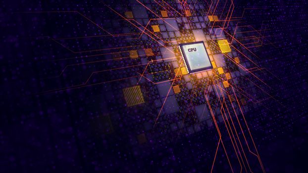 A sci-fi 3d illustration of a square CPU tablet with diagonal and straight power beams resembling some futuristic transformer  face in the black backdrop with yellow and violet plates and dots. 