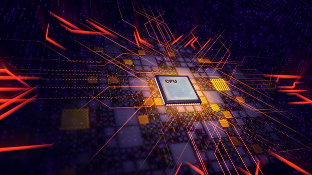 A superior 3d illustration of a grey CPU microprocessor put aslant in the black motherboard. It is linked with golden and violet plates and a network of crisscross red lines transmitting energy. 