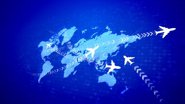 A volumetric 3d illustration of five white air vehicles flying over the white angle routes on the violet world map with a grid from airplanes placed diagonally. They look optimistic and confident. 