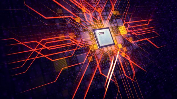 An impressive 3d illustration of a square CPU tablet making two plasma crosses imposed on each other  being put aslant in the black background with yellow plates, violet spots and red power rays. 