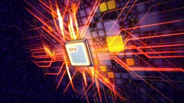 A glittery 3d illustration of a square CPU tablet sparkling with straight and diagonal plasma stripes like a clot of alive energy in the black cyberspace with golden, orange and violet plates and rays