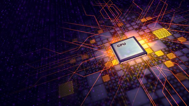 A high-tech 3d illustration of a square CPU microprocessor with plasma discharges flying around being put askew in the black motherboard with golden plates, violet spots and red power lines. 