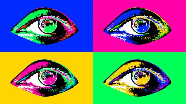 A scenic 3d illustration of four attractive human female eyes with dark pupils, colorful irises and flickering retinas in the rosy, salad, yellow, and blue backdrop. They look arty. 