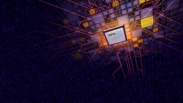 A multidimensional 3d rendering of a flying CPU processor in the violet cyberspace. It is surrounded with colorful squares covered with diagonal lines. The power rays are transmitted all around