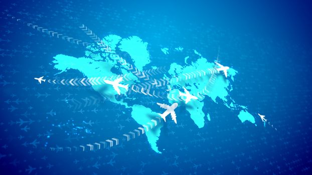 An astonishing 3d illustration of white airplanes moving along the routes marked with lines of brackets on the violet world map with a grid from aircraft placed aslant. They look optimistic. 