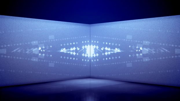 An arty 3d illustration of neon tunnel filled with a diamond in the center and horizontal lines from small crosses and squares in the blue background. They look cheerful and festive.