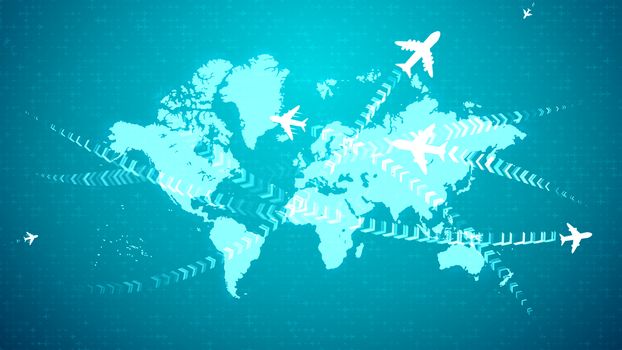 A gorgeous 3d illustration of white airplanes flying along the routes marked with rows of brackets over the light blue world atlas. They create the mood of accomplichment and optimism. 