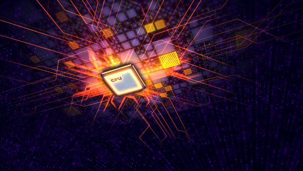 A futuristic 3d illustration of a square CPU screen forming a powerful black motherboard looking like a window in future with golden square plates, violet dots and red energy rays. 