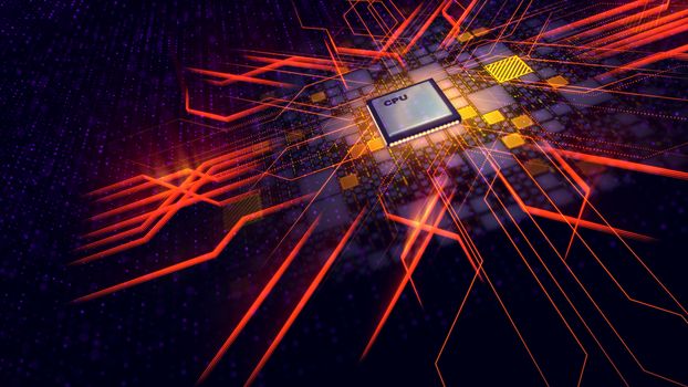 An enigmatic 3d illustration of a cubic CPU processor shimmering like an old sacred secret symbol covered with plasma zigzag lines and dots in the black background with golden patches. 