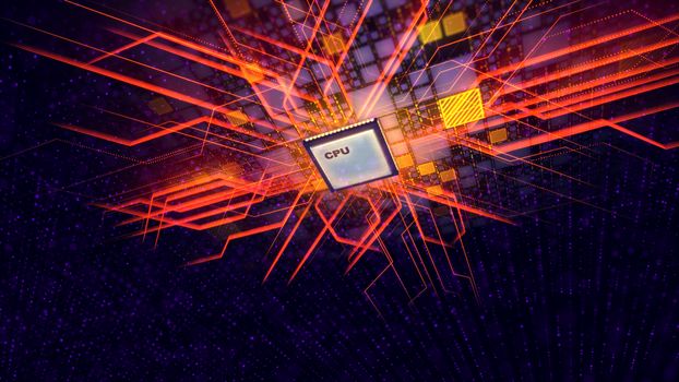 A dazzling 3d illustration of a flying CPU tablet sparkling with straight and diagonal plasma lines like a clot of alive power in the black cyberspace with yellow, orange and violet plates and rays.