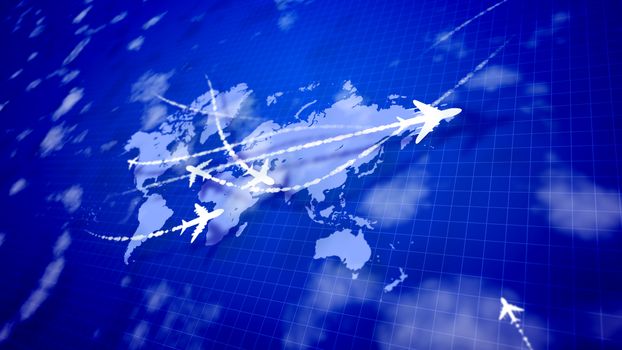 3d illustration of four white airplanes soaring along the white spotted routes  on the violet world map with a network and blurred clouds put aslant. They look innovative and and cheery. 