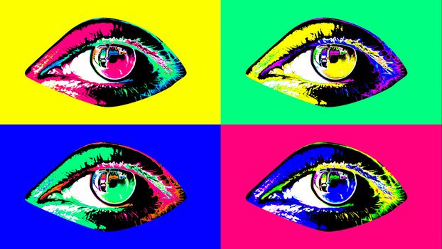3d illustration of four beautiful human female eyes with dark pupils, colorful irises and flickering retinas in the rosy, salad, yellow, and blue backdrop. They are full of emotions and look alive. 
