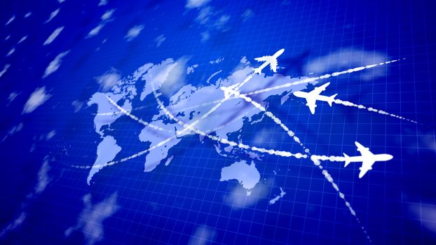 An amazing 3d illustration of white toy airplanes flying along the routes marked with smoky lines on the violet world atlas with a grate placed askew. They look innovative and optimistic. 