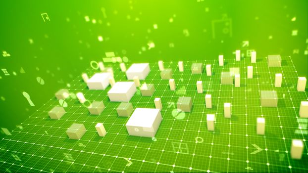 A cheerful 3d illustration of a bar chart with moving up business columns meaning profit in the salad background. There are the symbols of money, numbers, angle brackets, key holes and percent.
