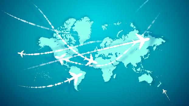 A marvelous 3d illustration of five white airplanes flying along the smoky white routes with rows of brackets over the light blue world map. They inspire the mood of optimism and confidence. 
