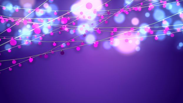 A merry 3d illustration of Christmas string garlands from pink bulbs and blurred celeste and yellow balls in the violet background. They dazzle happily shaping the mood of joy and holiday.  