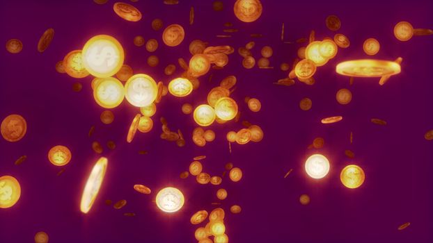 A hilarious 3d illustration of glowing round dollar coins soaring like a stream in the dark violet background. They circle and turn around optimistically and give the feeling of luck.