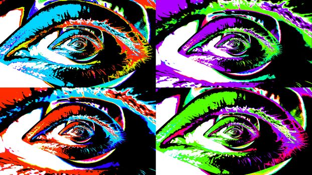 An amazing 3d illustration of four human female eyes in blue and salad bright colors.  They are the same but alter in the shades of colors. They have slight psychedelic and magnetic effect.   