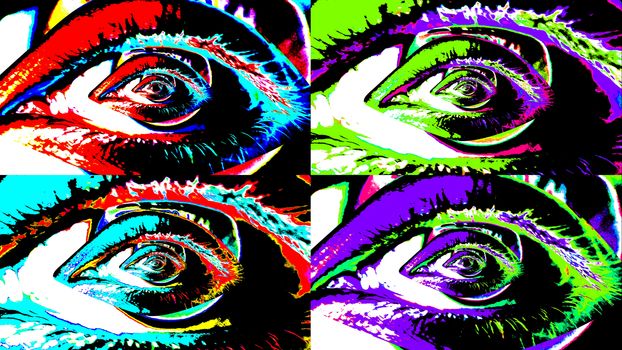 An exciting 3d illustration of four human female eyes in sparkling bright colors.  They are the same but differ in the palette of colors. They have slight mesmerizing and hypnotic effect.   