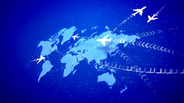 An innovative 3d illustration of four  white airplanes moving along the routes with smoky lines of brackets on the violet world map placed diagonally. They create the mood of success and optimism