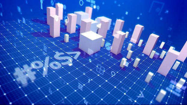 A gorgeous 3d illustration of a bar chart with moving up rectangular and cubic business columns meaning in the blue background. There are the signs of dollars, numbers and percent.