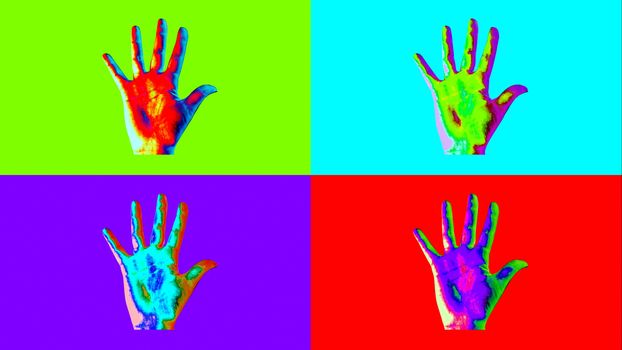 A popular art 3d illustration of four human hands showing sparkling high five gestures in the colorful backgrounds. The animation forms the mood of joy, holiday and optimism