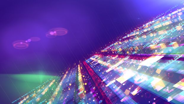 A breathtaking 3d illustration of a flying saucer resembling two joined circles soaring at some multidimensional and sparkling space station, having some streamlines forms.