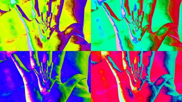 An opt art 3d illustration of four psychedelic portals in human hands showing high five gestures in the colorful background. All of them � the red, yellow, green and blue, form a real hypnotic effect
