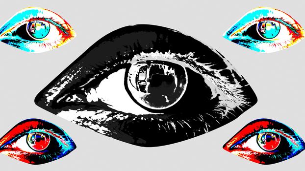 3d illustration of five human female eyes with dark pupils, colorful irises and flickering retinas in the grey background. The big one is in the center. It is black and white and looks magic. 