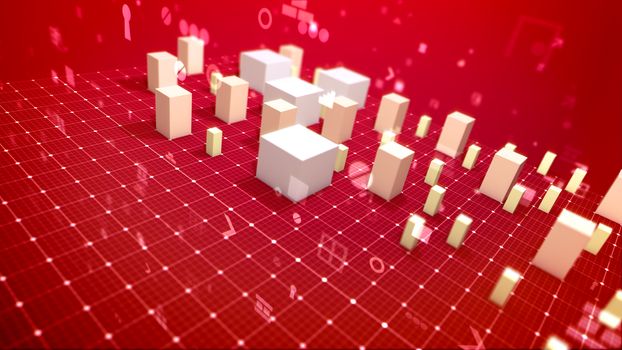 A stunning 3d illustration of a business bar chart and computer signs including angle bracket, number, dollar and percent drawn askew in the red background. The revenue columns are skyrocketing.