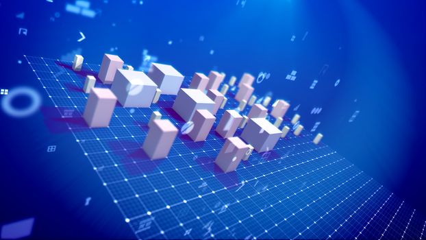 An amazing 3d rendering of a bar chart with skyrocketing commerce columns meaning profit in the blue backdrop. There are the signs of dollars, numbers, angle brackets, key holes and percent.