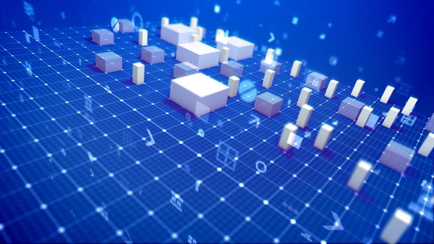 A fabulous 3d illustration of a bar chart and an arrow placed on a white grid in the blue backdrop. The white columns denoting some economic indicators grow showing reliable business revenue. 