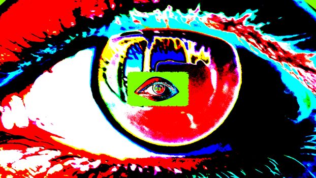 An optical art 3d illustration of a large human female eye with a dark pupil, colorful iris and bright red retina with a tiny one inside. The small eye grows bigger and shapes a psycho tunnel.  