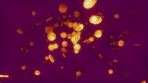A wonderful 3d illustration of radiant round dollar coins soaring like a flock in the dark violet background. They rush and sparkle optimistically giving the feeling of luck and wealth.