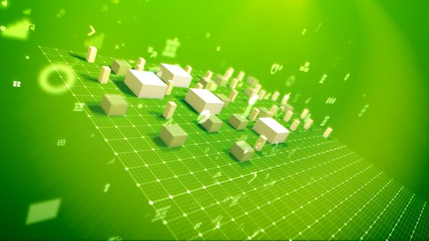 A cheerful 3d illustration of a bar chart with shooting up cubic columns meaning revenue in the green backdrop placed diagonally with flying dots, key holes, angles and other computer signs. 