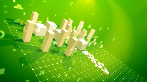 A triumphant 3d illustration of a bar chart with skyrocketing rectangular columns denoting profit in the green backdrop placed aslant with soaring zeroes, spots, key holes, arrows and other pc signs