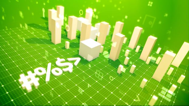 A funny 3d illustration of a bar chart with rising cubic columns meaning income in the green backdrop placed aslant with twisting dots, key holes, dollars, numbers, angles and other computer signs. 