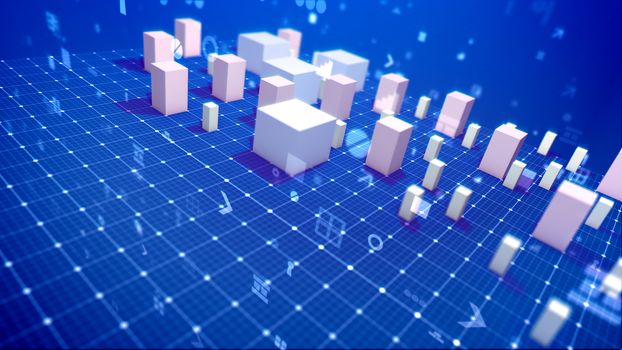 An astounding 3d illustration of a bar chart with rising rectangular and cubic business columns meaning some business indicators in the blue background. There are additional computer signs and spots.