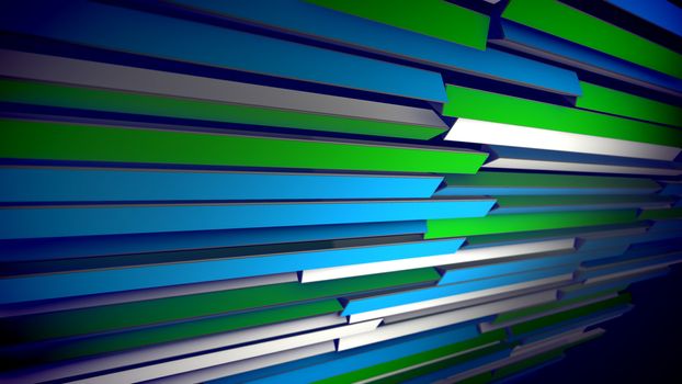 A striking 3d illustration of horizontal colorful blinds made of colorful straight streaks placed askew. They alter colors from white and pink to blue and salad. The shutter looks cheerful.