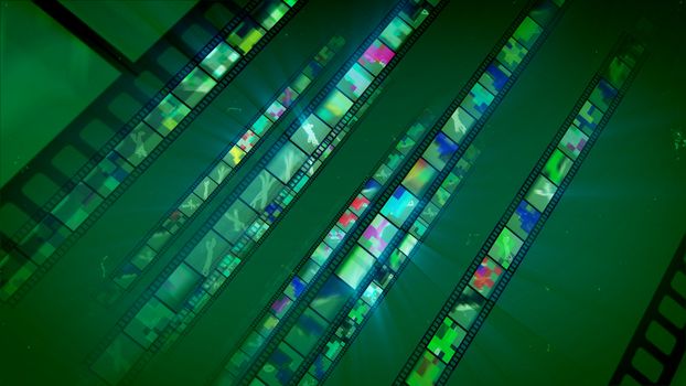A wonderful 3d illustration of placed askew straight film tapes having bright figures and multicolored shades. They display various creatures and blurs in the green backdrop and look optimistic. 