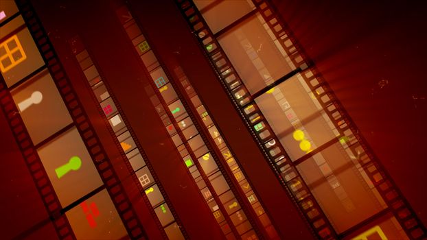 A remarkable 3d illustration of movie tapes inclined to the left with sparkling images of colorful spots, bricks, illuminators, angles in the bright brown background. They look creative and cheery. 
