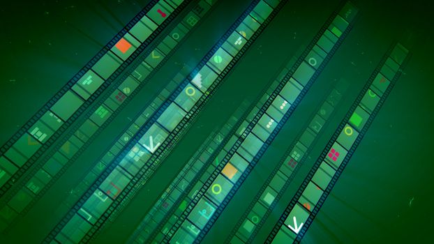 A multidimensional 3d illustration of inclined film tapes with yellow, orange and white keyholes, windows, bricks, brackets and other forms in the dark green background. They look jolly.