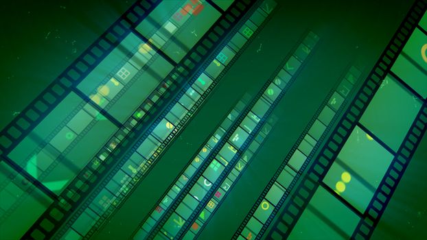 Astonishing 3d illustration of straight film tapes inclined to the right and sparkling brightly with violet, blue and yellow pictures. They entertain in the light khaki background in a cheerful way. 
