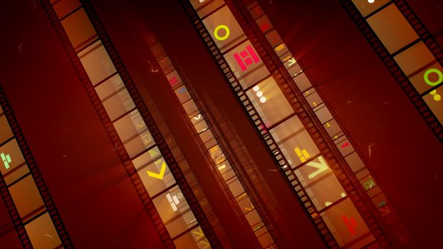 A noteworthy 3d illustration of film tapes inclined to the left with shining pictures of colorful spots, bricks, brackets, arrows in the bright brown background. They look showy and lucky. 