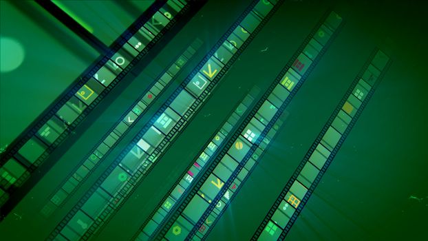 An amazing 3d illustration of straight movie tapes inclined to the right and shining brightly with colorful windows, circles, arrows and other pictures in the light khaki background in a jolly way. 